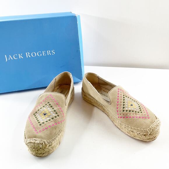 Jack Rogers Luna Suede Embroidery Slip On Flat Espadrilles Shoes Sand 7.5 - Picture 4 of 8